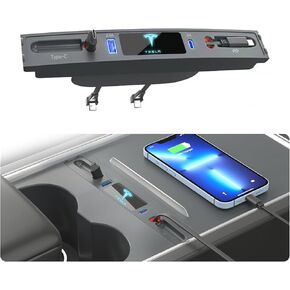 Suitable for 2021-2024 Model Y/Model 3 (2021-2023 Models) Tesla car USB hub, Retractable Cable Expansion Dock with Logo and Fast Charging Port, Perfect for The Center Console.