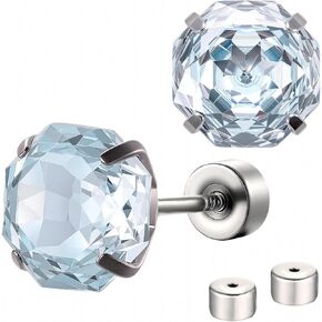Flat Back Zircon Earrings Studs - Screw on Surgical Steel Hypoallergenic Pierced Earrings - 8mm Ice Blue