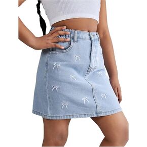 MakeMeChic Girl's Denim Skirt Bow Embroidery Elastic Waist Y2k Jean Mini Skirts