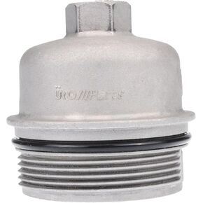 URO Parts 11427557011PRM Oil Filter Cover Cap, Aluminum vs OEM is plastic