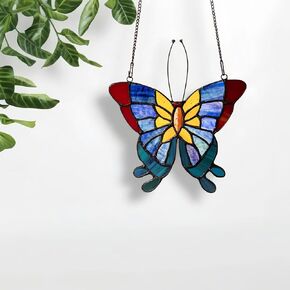 Tiffany Butterfly Style with Chain Stained Glass Window Hangings 7.6" W x 6.8" H Inches Decor for Home,Office,Coffee Shop