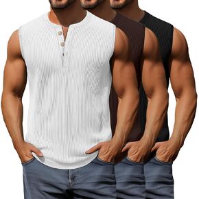 3 Pcs Men's Big and Tall Tank Top Ribbed Plus Size Sleeveless Henley Shirt Crewneck T Shirt 1X-5X