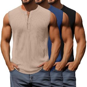 3 Pcs Men's Big and Tall Tank Top Ribbed Plus Size Sleeveless Henley Shirt Crewneck T Shirt 1X-5X in Kuwait