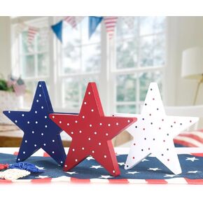 4th of July Decorations-3Pcs Patriotic Wooden Stars Sign-Classic Red White Blue Memorial Day Decorations for Home Shelf Mantel Tiered Tray Table Windowsill Decor