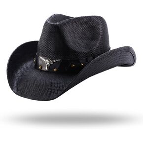 thuizen Wilderness Metal Bull Decoration Western Hard Straw Cowboy Hat