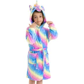 Girls Unicorn Fleece Robe, Rainbow Star Leopard Bathrobe for Kids, Coral Fleece Bath Robe With Pockets for Age 3-12