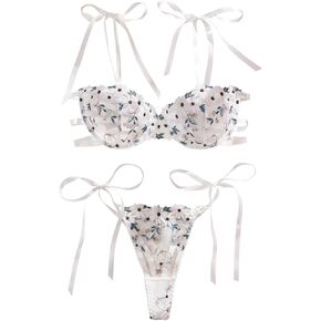 Lilosy Sexy Tie Side Embroidered Underwire Push Up Cute Strappy Mesh Sheer Bachelorette Lingerie Set