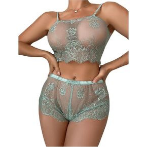 SOLY HUX Women's Floral Lace Sheer Bra and Boyshorts Panty 2 Piece See Through Lingerie Set