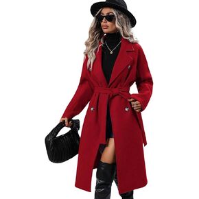 utcoco Womens Long Wool Pea Coat Notched Lapel Double Breasted Trench Coat Winter Warm Overcoat with Belt