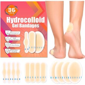 36PCS Hydrocolloid Blister Bandages – Waterproof Blister Bandages for Feet & Toes – Blister Pads, Blister Cushions for Blister Prevention & Relief – Long-Lasting Heel Protectors for Shoes