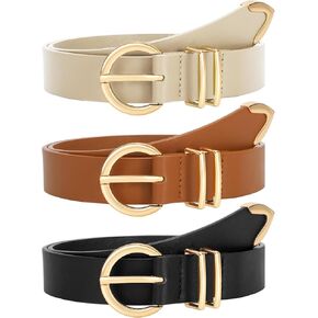 3 Pack Women's Belts for Jeans Dresses Fashion Ladies Skinny Leather Belt with Gold Buckle for Pants
