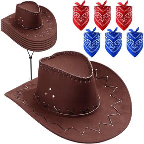 JaGely 18 Pcs Cowboy Western Hat for Women Men with Paisley Bandanna and Black Half Mask for Cowgirl Cowboy Halloween Party(Brown Hat)