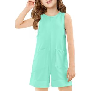 Haloumoning Girls Romper Sleeveless Short Jumpsuits Kids Casual One Piece Summer Outfits with Pockets 5-14 Years