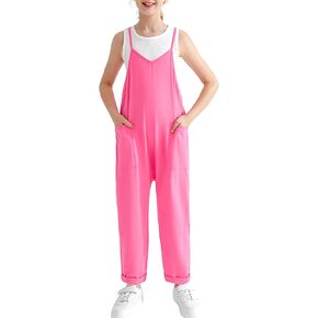 Weixinbuy Girls Jumpsuit Sleeveless Solid Long Pants Romper Loose Spaghetti Strap Kids V-Neck Casual Overalls with Pockets