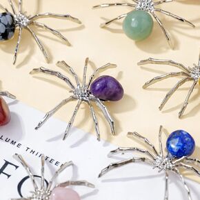 9PCS Natural Crystal Tumbling Stones with Silver Alloy Spider Handmade Halloween Decor Healing Crystal Gift for Home & Office Unique Animal Figurine Collection