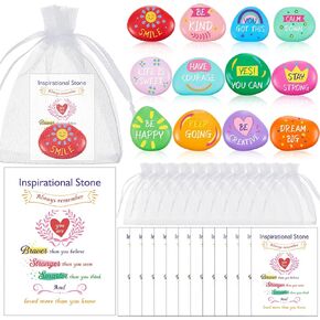 Nuanchu 12 Pack Engraved Inspirational Stones Gift Set Colored Handmade Awesome Words Rocks Decorative Stones with Organza Bags and Encourage Card for Women Man Teacher Employee