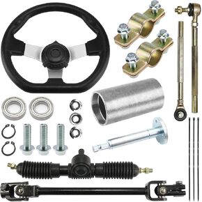 PRO BAT 270mm/11.8'' Steering Wheel Steel Kit with 22mm 7/8'' Universal Handlebar Mounting Clamps 320mm/12.6'' Gear Rack Pinion Adjustable Shaft Set for 110cc Go Kart Golf Buggy UTV