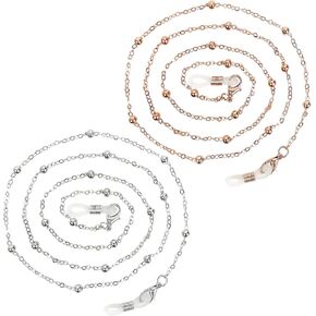 2 Pack Stylish Beaded Eyeglass Chains for Women, Fashionable Metal Eyeglass Necklace Holder with Adjustable Holders, Rose Gold and Silver
