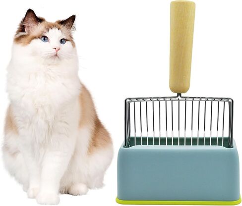MUYG Cat Litter Scoop with Holder,Metal Cat Scooper for Litter Box with Wooden Handle,Kitty Litter Scoop with Durable Washable Base Stand Heavy Duty Cat Litter Box Scooper for Easy Fast Sifting（Grey） in Saudi Arabia