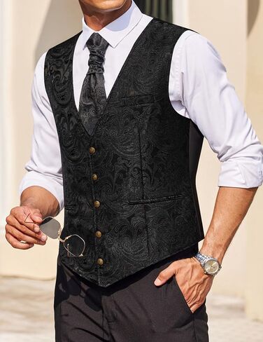 Coofandy Men Men's Paisley Vests Victorian Steampunk Gothic Suit Vest Slim Fit V-Neck Tuxedo perchcoat in Kuwait