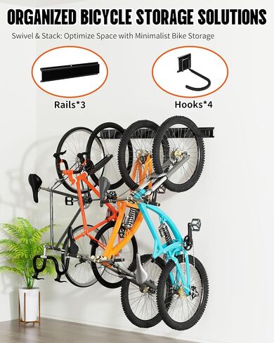 Wall Mount Bike Hooks, Bike Hooks for Garage, Vertical Bike Hanger for Indoor Use, Heavy Duty with 8mm Thick Steel Frame, 4PCS Storage System, Black in Saudi Arabia