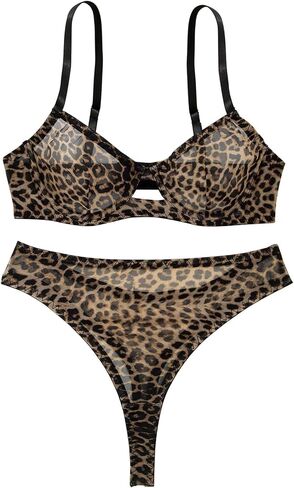 Lilosy Petite Sexy Mesh Sheer Underwire Push Up Women Lingerie Set See Through Bra Panty 2 Piece Leopard X-Small in Saudi Arabia