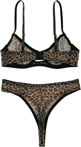 Lilosy Petite Sexy Mesh Sheer Underwire Push Up Women Lingerie Set See Through Bra Panty 2 Piece Leopard X-Small in Saudi Arabia