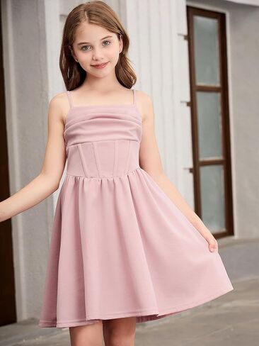 OYOANGLE Girl's Spaghetti Strap Ruched Ruffle Hem Sleeveless Summer Flowy Short Dresses in Saudi Arabia