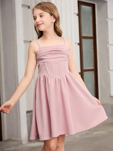 OYOANGLE Girl's Spaghetti Strap Ruched Ruffle Hem Sleeveless Summer Flowy Short Dresses in Saudi Arabia