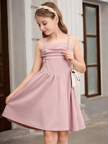 OYOANGLE Girl's Spaghetti Strap Ruched Ruffle Hem Sleeveless Summer Flowy Short Dresses in Saudi Arabia