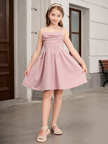 OYOANGLE Girl's Spaghetti Strap Ruched Ruffle Hem Sleeveless Summer Flowy Short Dresses in Saudi Arabia