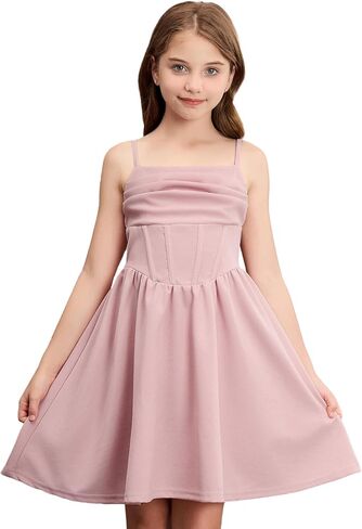 OYOANGLE Girl's Spaghetti Strap Ruched Ruffle Hem Sleeveless Summer Flowy Short Dresses in Saudi Arabia