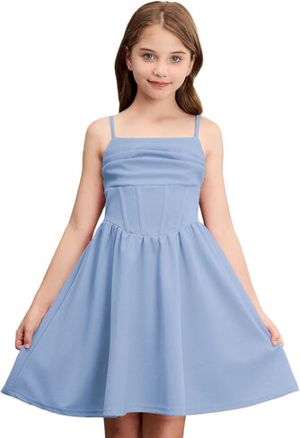 OYOANGLE Girl's Spaghetti Strap Ruched Ruffle Hem Sleeveless Summer Flowy Short Dresses in Saudi Arabia