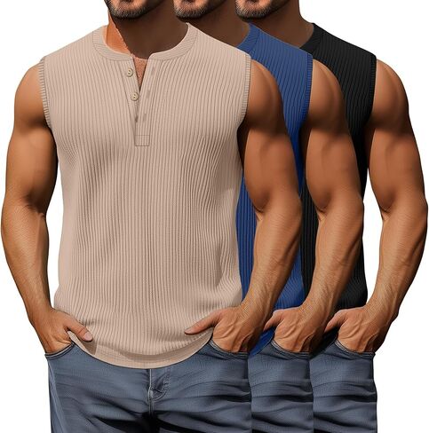 3 Pcs Men's Big and Tall Tank Top Ribbed Plus Size Sleeveless Henley Shirt Crewneck T Shirt 1X-5X in Kuwait