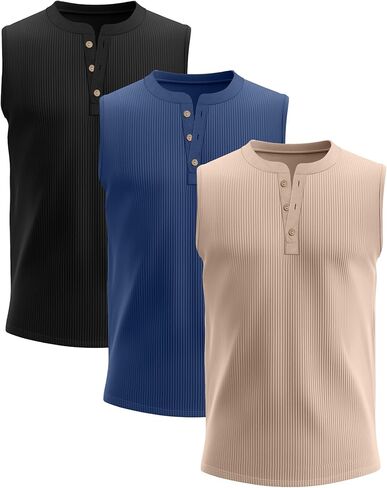 3 Pcs Men's Big and Tall Tank Top Ribbed Plus Size Sleeveless Henley Shirt Crewneck T Shirt 1X-5X in Kuwait