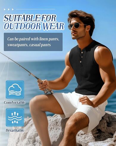 3 Pcs Men's Big and Tall Tank Top Ribbed Plus Size Sleeveless Henley Shirt Crewneck T Shirt 1X-5X in Kuwait