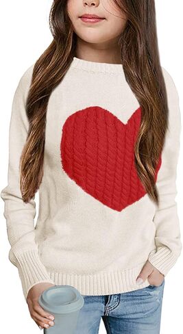 Batermoon Girls' Pullover Sweaters Long Sleeve Cute Heart Pattern Crewneck Knit Jumper Tops Navy Blue in Kuwait