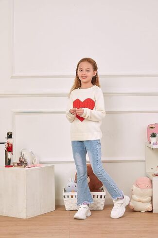 Batermoon Girls' Pullover Sweaters Long Sleeve Cute Heart Pattern Crewneck Knit Jumper Tops Navy Blue in Kuwait