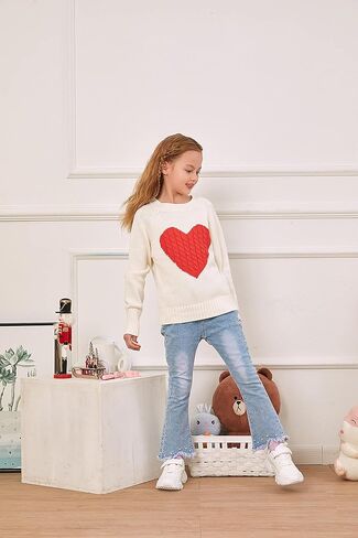 Batermoon Girls' Pullover Sweaters Long Sleeve Cute Heart Pattern Crewneck Knit Jumper Tops Navy Blue in Kuwait