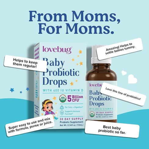 LOVEBUG Baby Probiotic Drops - Organic Probiotics for Immune Support and Baby Constipation & Colic Relief - Tasteless & Sugar-Free Liquid Drops for Newborns, Babies & Infants (0-12 Months) - 10ml in Saudi Arabia