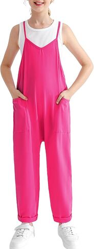 Weixinbuy Girls Jumpsuit Sleeveless Solid Long Pants Romper Loose Spaghetti Strap Kids V-Neck Casual Overalls with Pockets in Saudi Arabia