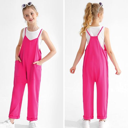 Weixinbuy Girls Jumpsuit Sleeveless Solid Long Pants Romper Loose Spaghetti Strap Kids V-Neck Casual Overalls with Pockets in Saudi Arabia