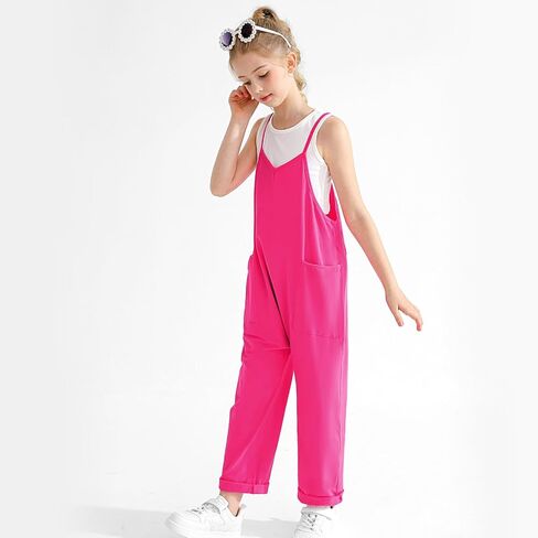 Weixinbuy Girls Jumpsuit Sleeveless Solid Long Pants Romper Loose Spaghetti Strap Kids V-Neck Casual Overalls with Pockets in Saudi Arabia