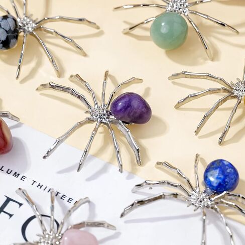 9PCS Natural Crystal Tumbling Stones with Silver Alloy Spider Handmade Halloween Decor Healing Crystal Gift for Home & Office Unique Animal Figurine Collection in Saudi Arabia