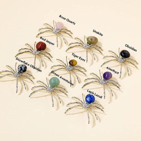 9PCS Natural Crystal Tumbling Stones with Silver Alloy Spider Handmade Halloween Decor Healing Crystal Gift for Home & Office Unique Animal Figurine Collection in Saudi Arabia