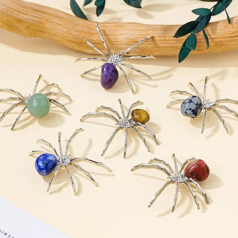 9PCS Natural Crystal Tumbling Stones with Silver Alloy Spider Handmade Halloween Decor Healing Crystal Gift for Home & Office Unique Animal Figurine Collection in Saudi Arabia