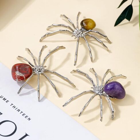 9PCS Natural Crystal Tumbling Stones with Silver Alloy Spider Handmade Halloween Decor Healing Crystal Gift for Home & Office Unique Animal Figurine Collection in Saudi Arabia