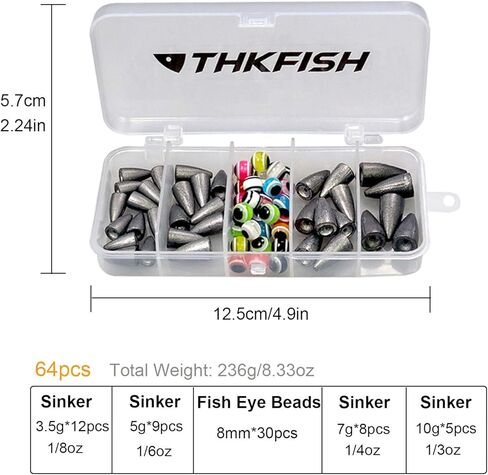 THKFISH Fishing Weights Sinkers Fishing Beads Bullet Sinkers Carolina Rig Texas Rig Kit Fishing Accessories Kit 64pcs/219pcs in Kuwait