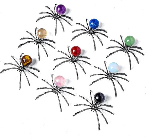 9PCS Natural Crystal Tumbling Stones with Silver Alloy Spider Handmade Halloween Decor Healing Crystal Gift for Home & Office Unique Animal Figurine Collection in Saudi Arabia
