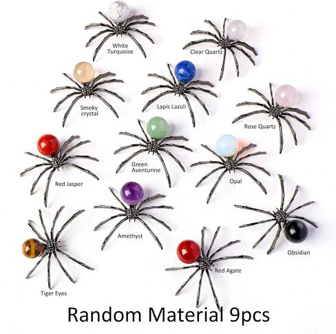 9PCS Natural Crystal Tumbling Stones with Silver Alloy Spider Handmade Halloween Decor Healing Crystal Gift for Home & Office Unique Animal Figurine Collection in Saudi Arabia